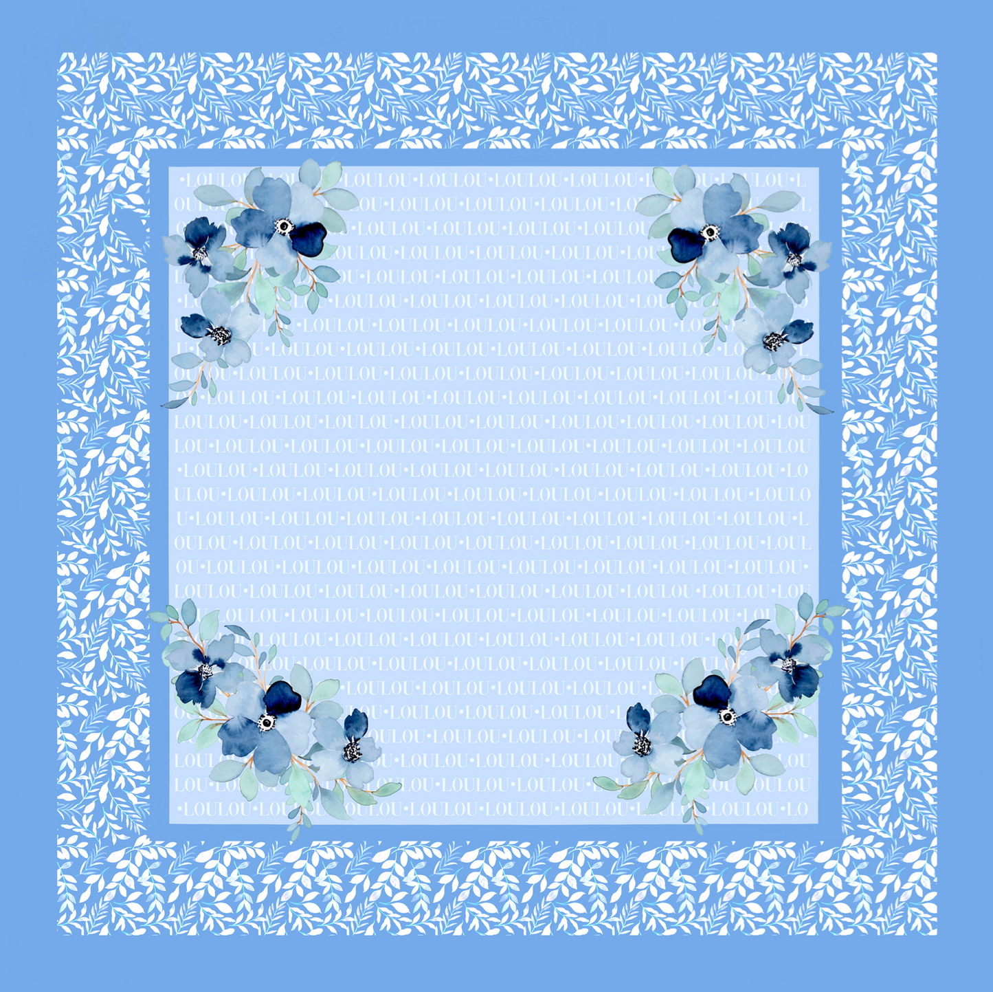 Pañuelo de Seda Azul con Flores (90 cm x 90 cm)