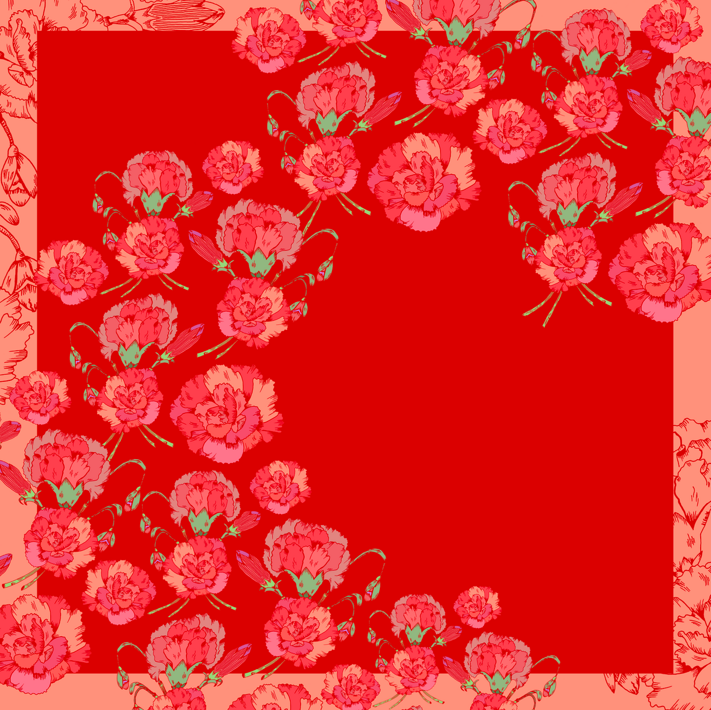 Pañuelo de Seda Rojo y Color Salmón con Flores (90 cm x 90 cm)