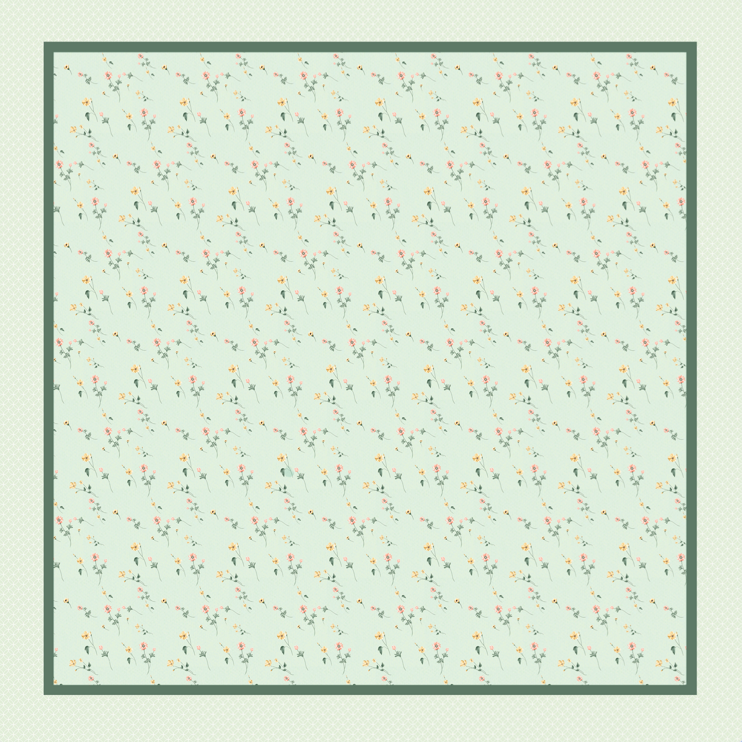 Pañuelo de Seda Verde con Flores Silvestres 🪷 (90 cm x 90 cm)