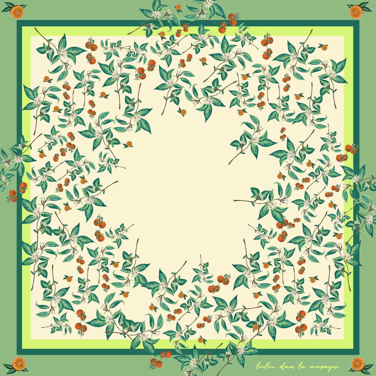 Pañuelo de Seda Tamaño de Bolsillo Beige con Flores y Naranjas (33 cm x 33 cm)