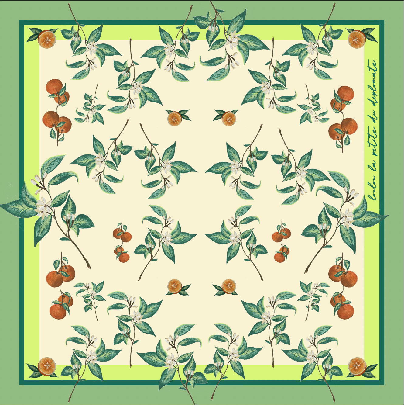 Pañuelo de Seda Beige con Flores Y Naranjas (90 cm x 90 cm)